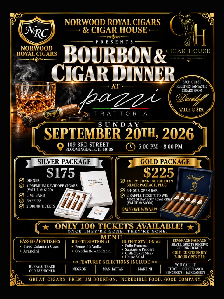 Bourbon & Cigar Dinner flyer — September 20 at Pazzi Trattoria, Bloomingdale, IL