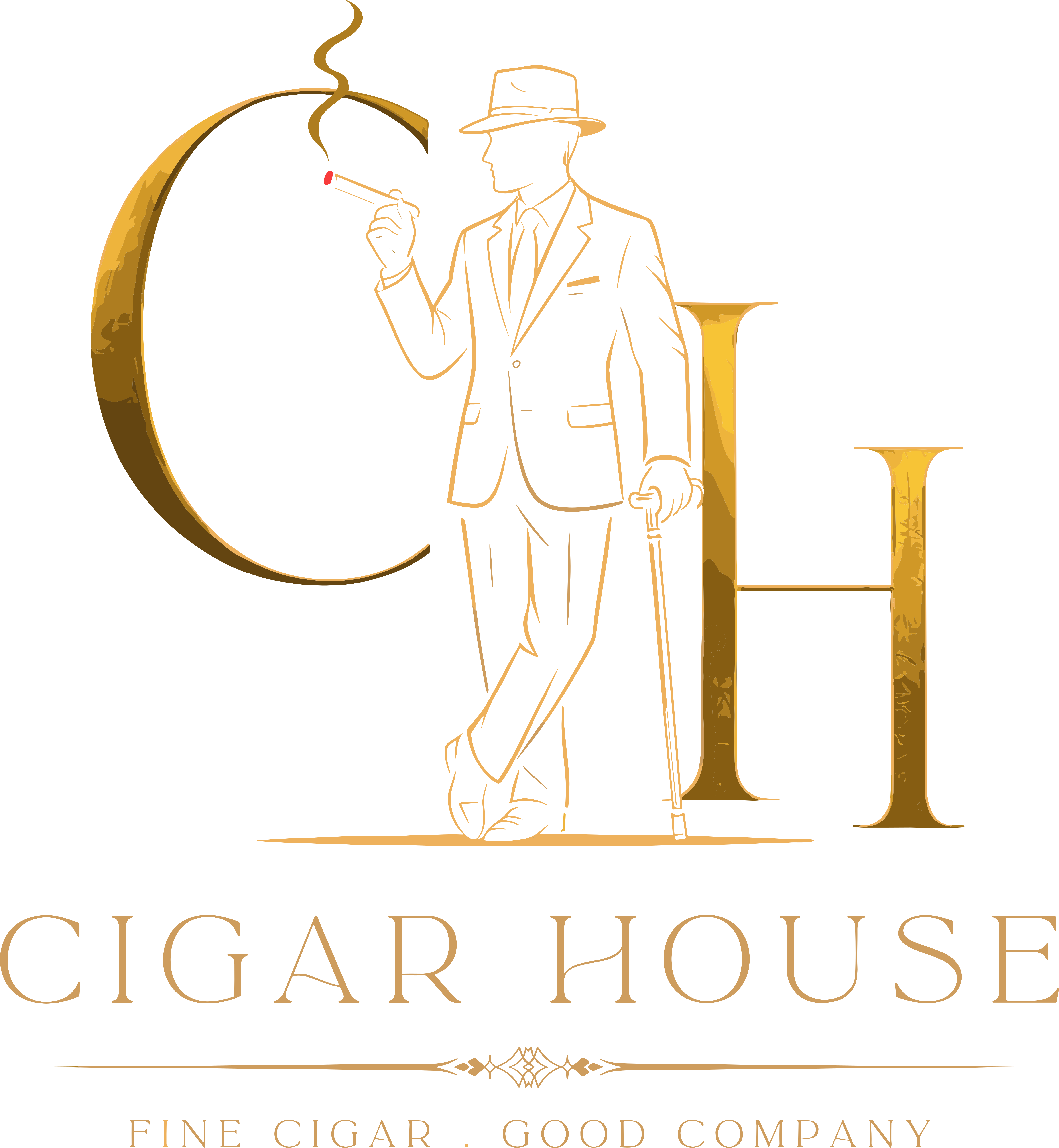 Cigar House emblem — a gentleman in a suit and fedora with a lit cigar, flanked by ornate gold C and H letterforms